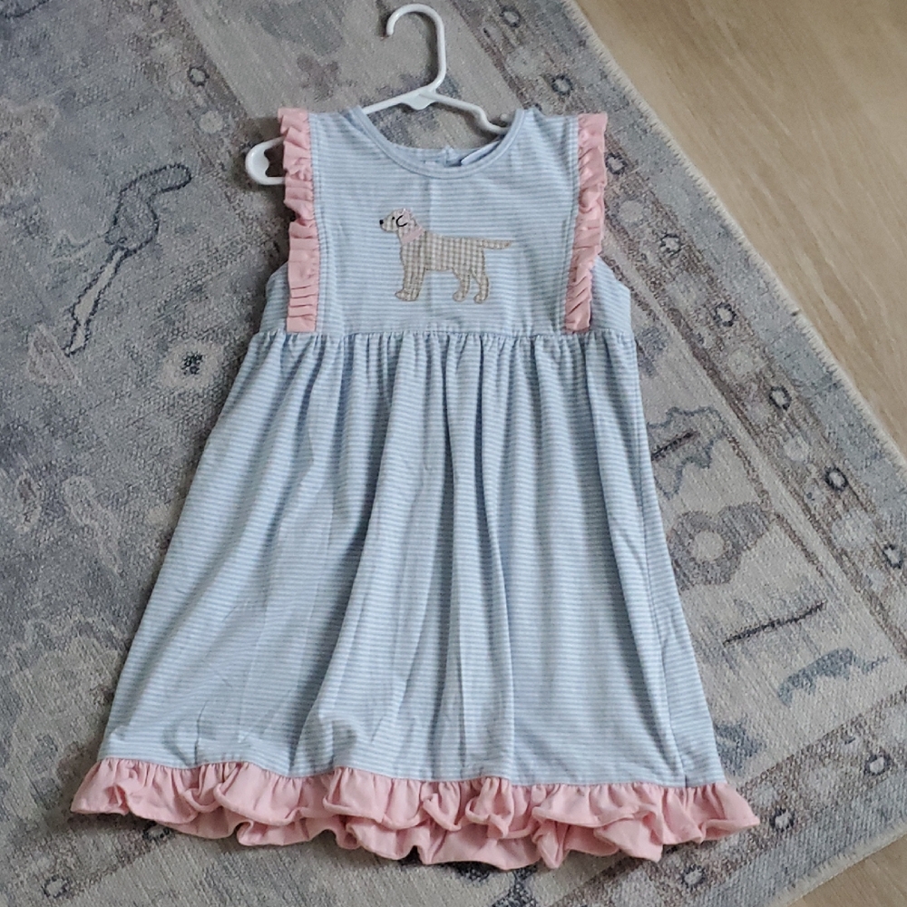 Trotter Street Kids Girls Dog Applique Ruffle Dress Sz7